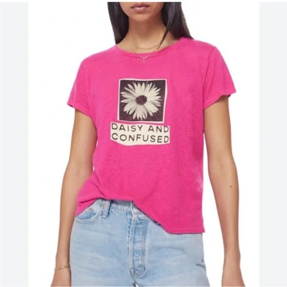 MOTHER Bright Pink Tee with Daisy and Confused Graphic - Picture 1 of 8